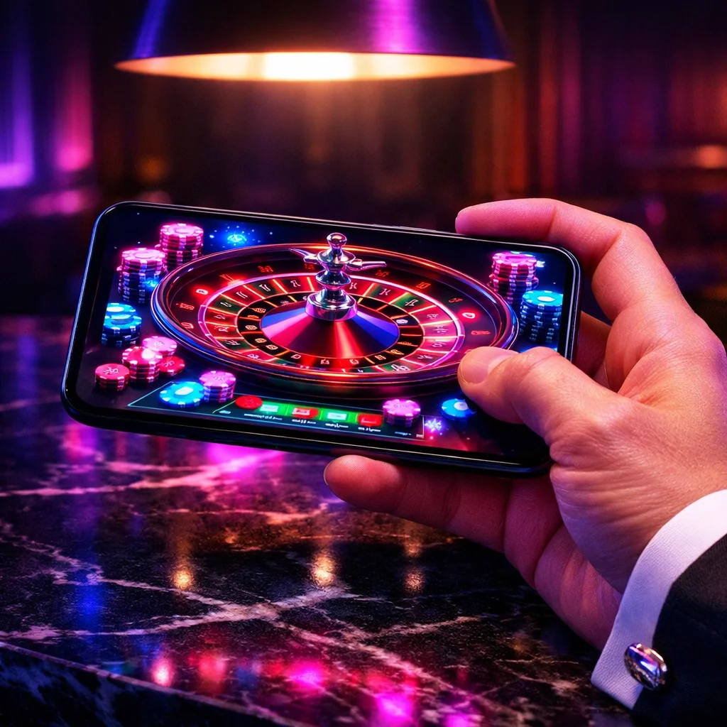 Speler gebruikt casino-app op smartphone in neonlicht